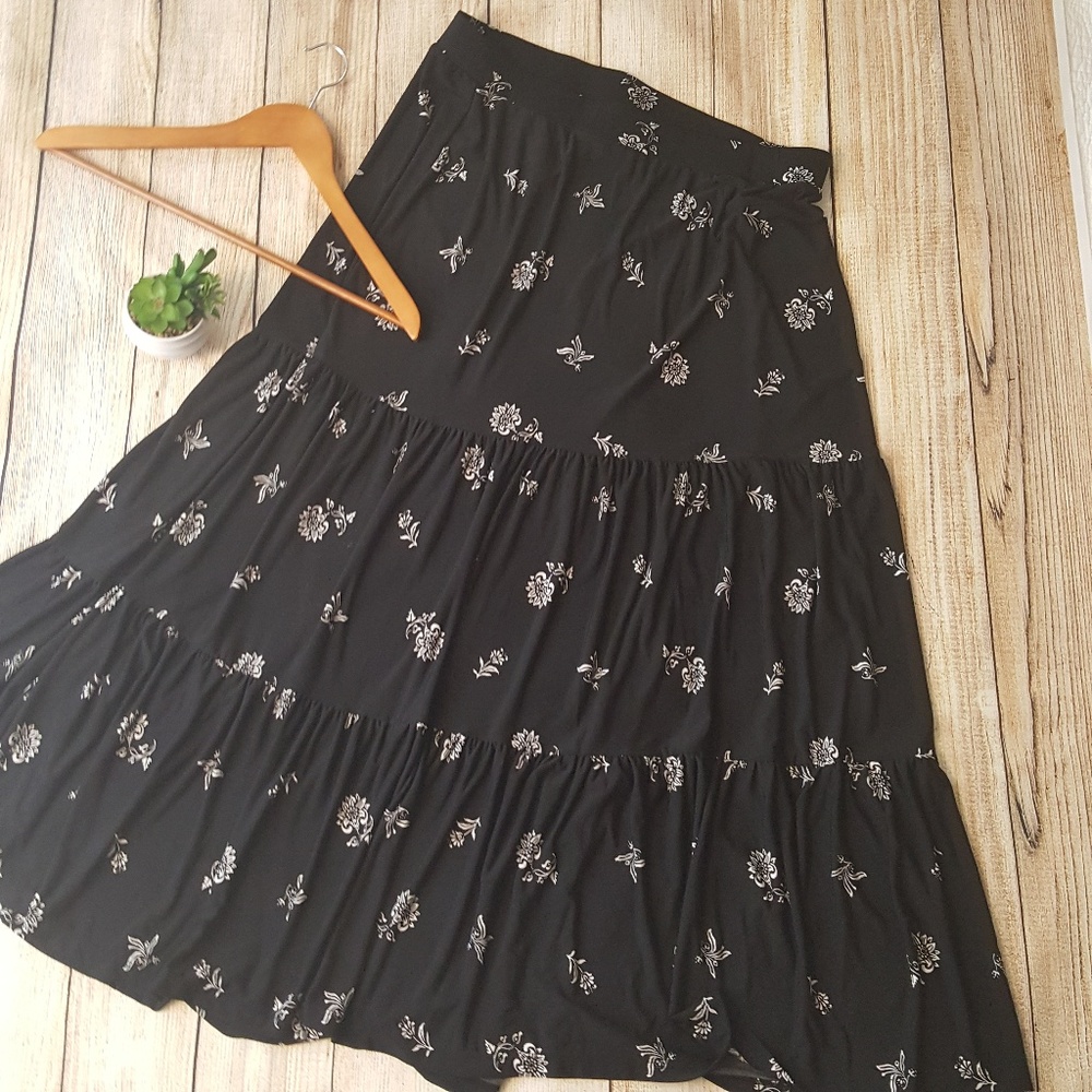 Catherines Long Modest Tiered Black Floral Skirt